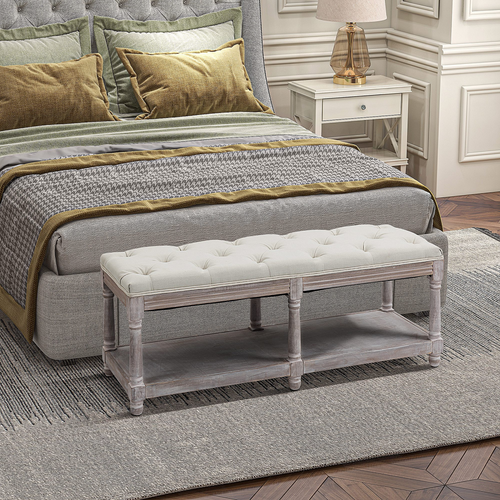 HOMCOM 2-Tier Bed End Bench, Vintage Stool Button Tufted Seat Cream White