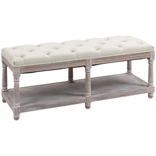 HOMCOM 2-Tier Bed End Bench, Vintage Stool Button Tufted Seat Cream White