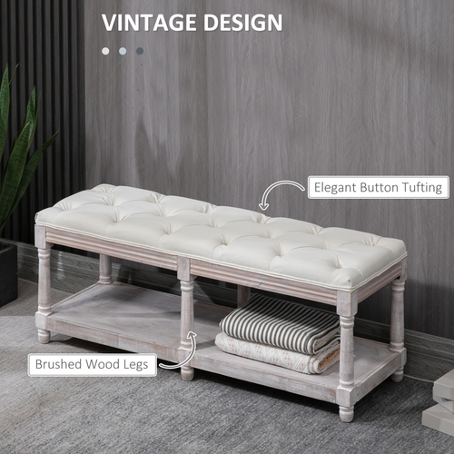 HOMCOM 2-Tier Bed End Bench, Vintage Stool Button Tufted Seat Cream White