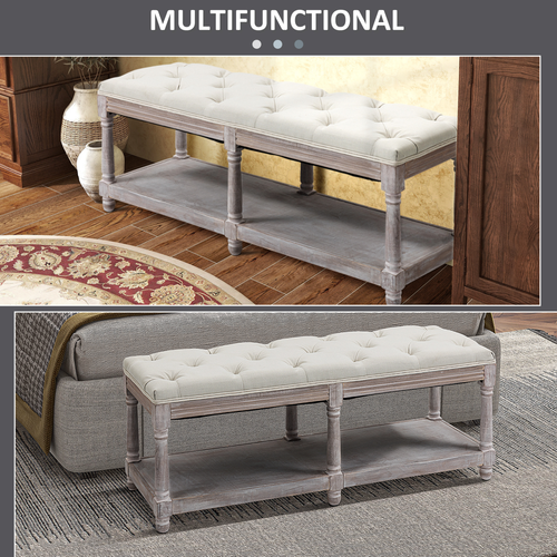 HOMCOM 2-Tier Bed End Bench, Vintage Stool Button Tufted Seat Cream White